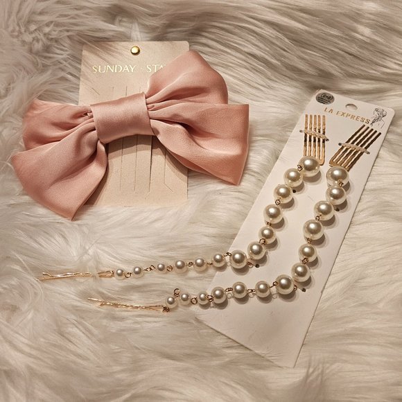 New (2) Large Pink Satin Hair Bow and Pearl Clip Decoration - Picture 1 of 8